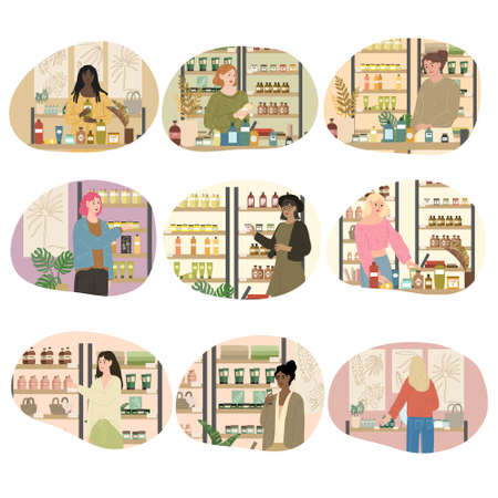 Set of young women of different races choosing body care products in cosmetics storeのイラスト素材