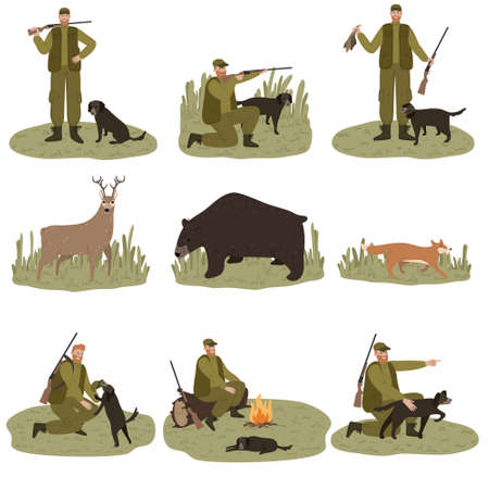Set of men hunters in dark green costume hunting with dog on natureのイラスト素材