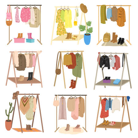 Set of comfortable rails and hangers for clothing, footwear and accessoriesのイラスト素材