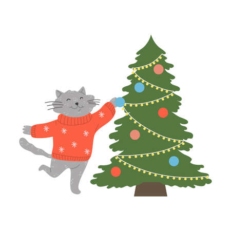 Excited grey cat dancing near decorated Christmas treeのイラスト素材