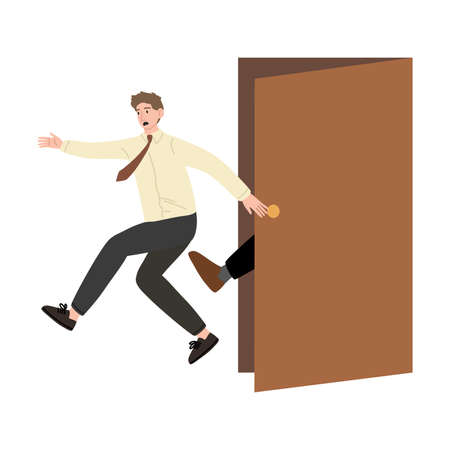 Stressed frustrated fired man office worker getting kicked from bossのイラスト素材