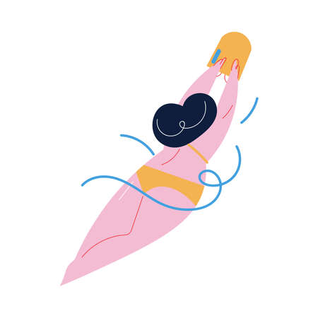 Woman swimming on water surface with special inflatable board in swimming poolのイラスト素材
