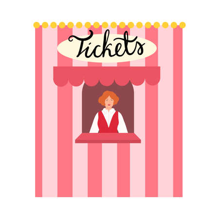 Smiling woman seller in tickets counter for attractions in amusement parkのイラスト素材