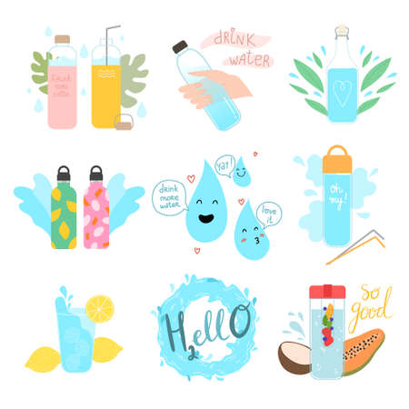 Set of benefits drinking pure clear water or vitamin cocktailsのイラスト素材