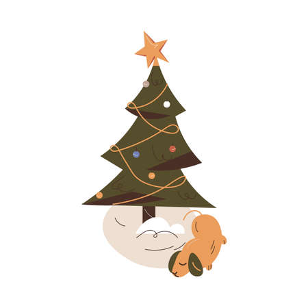 Decorated Christmas tree for winter holidays with star on top and sleeping dogのイラスト素材