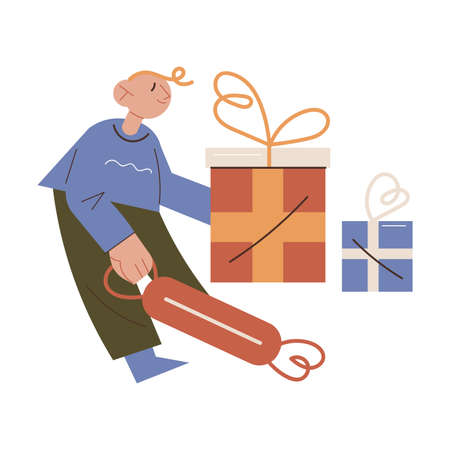 Boy unpacking and opening presents and sweets under Christmas tree at homeのイラスト素材