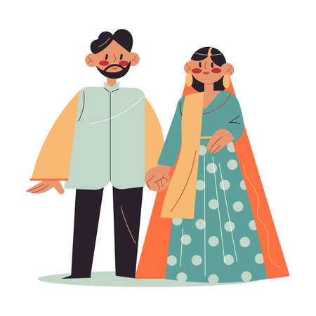 Indian couple woman and man standing and holding hands during wedding ceremonyのイラスト素材