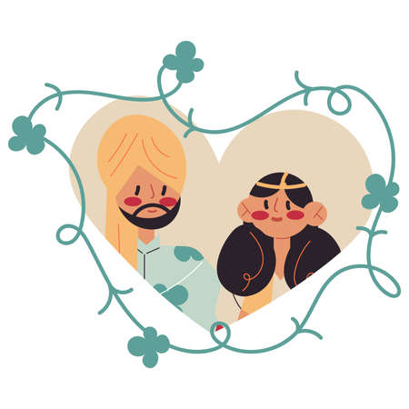 Happy loving Indian couple in heart frame during wedding ceremonyのイラスト素材
