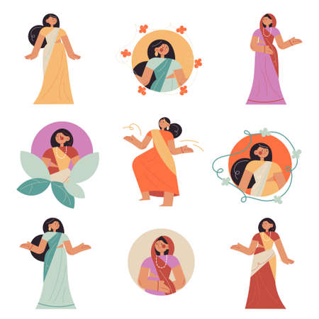 Indian women wearing traditional colorful decorated beautiful sari dressesのイラスト素材