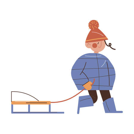 Girl child wearing warm jacket, boots and cap carrying sledding during walkのイラスト素材