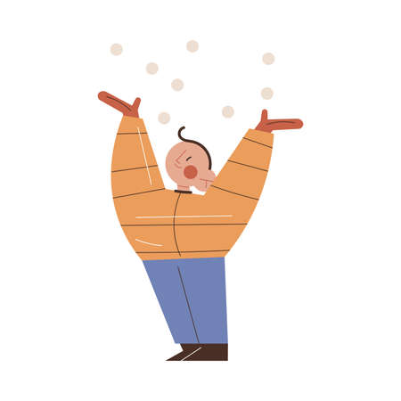 Boy child wearing warm jacket and trousers catching snowflakes during walkのイラスト素材