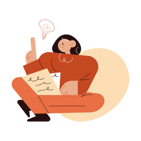 Smiling woman writer or author sitting, working, writing book or story and having great ideaのイラスト素材