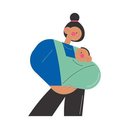 Young smiling brunette woman mother carrying her small baby toddler in green cotton slingのイラスト素材