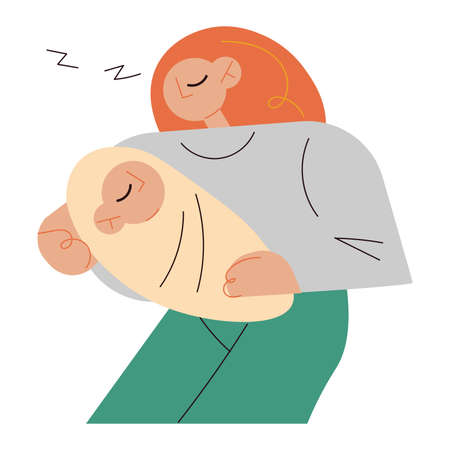 Sleepy tired woman with small baby on hands standing and nappingのイラスト素材