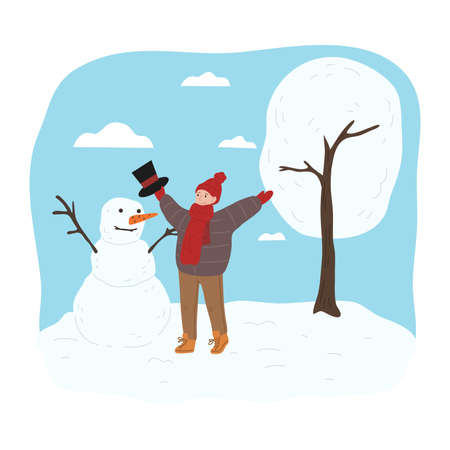 Happy child in warm clothing standing near snowman and feeling excitedのイラスト素材