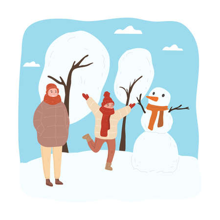 Happy child in warm clothing standing near snowman with father and feeling excitedのイラスト素材