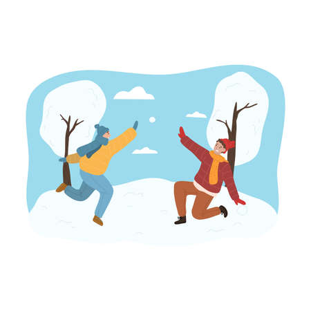 Happy children in warm clothing playing in snawballs and feeling excitedのイラスト素材