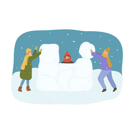 Happy children friends in warm building snowwall togetherのイラスト素材