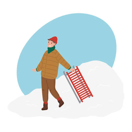 Happy boy in warm winter comfortable clothes carrying sleigh for ridingのイラスト素材