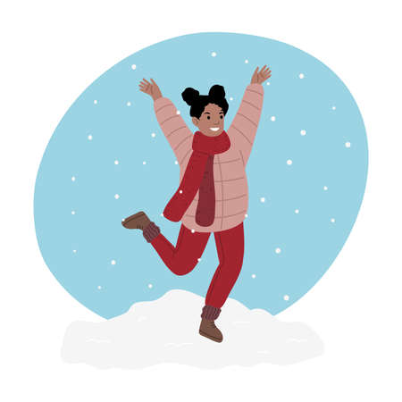 Happy black girl in warm winter comfortable clothes enjoying snowfall outdoors in winterのイラスト素材
