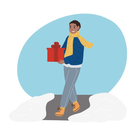 Happy black boy in warm winter comfortable clothes walking and carrying Christmas presentのイラスト素材