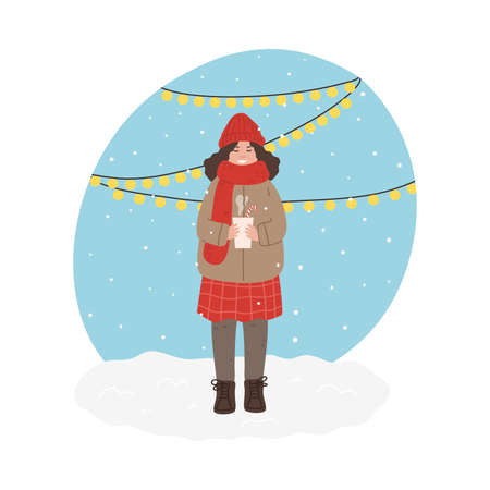 Happy girl in warm winter comfortable clothes standing holding hot drink in hands in winterのイラスト素材