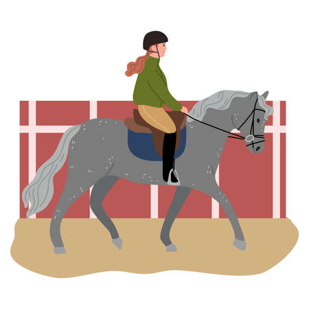 Young girl in helmet sitting on black horse back and riding on hippodromeのイラスト素材