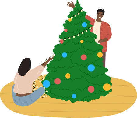 Happy black young couple decorating Christmas tree with toys and garlandのイラスト素材