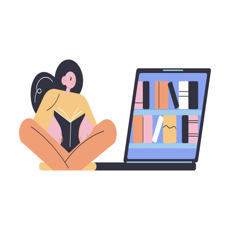 Young woman sitting and reading book in e-library on tabletのイラスト素材