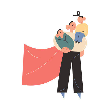 Smiling young father carrying two children on hands and feeling happyのイラスト素材