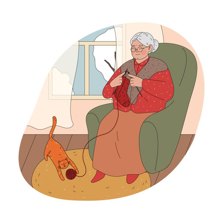 Smiling ederly woman grandmother sitting in armchair at home and knittingのイラスト素材