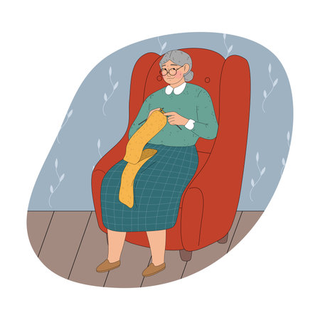 Grandmother in glasses sitting in armchair at home and knitting yellow scarfのイラスト素材