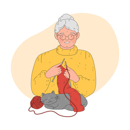 Grandmother in glasses knitting warm red scarf for child with cat relaxing nearbyのイラスト素材