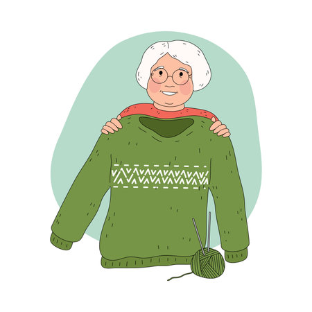 Smiling ederly woman grandmother in glasses showing warm knitted green sweaterのイラスト素材