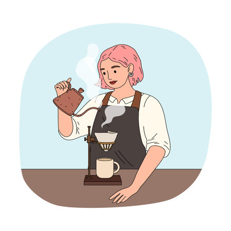 Girl barista pouring water to filter and brewing black coffeeのイラスト素材
