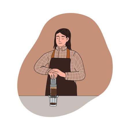 Positive boy barista pressing with hands and brewing black coffeeのイラスト素材