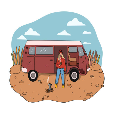 Girl sitting in travel truck and drinking fresh hot coffee made on fireのイラスト素材