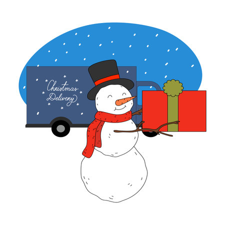 Snowman in hat and scarf holding Christmas present boxes for deliveryのイラスト素材