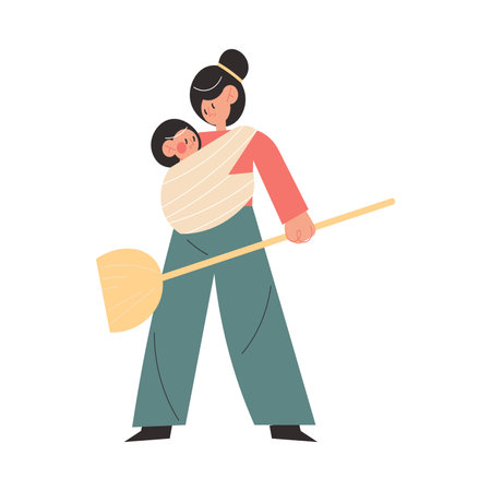 Loving mother carrying small baby in sling on body during making houseworkのイラスト素材