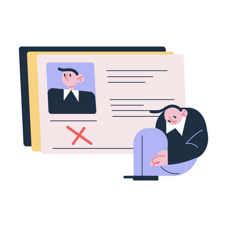 Unemployed man sitting and suffering from getting vacancy rejection for his resume againのイラスト素材