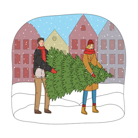 Young happy couple carrying green Christmas tree for home decorationのイラスト素材