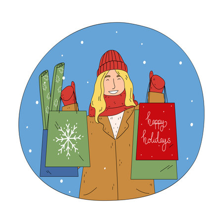 Young happy woman holding shopping bags with food and presentsのイラスト素材