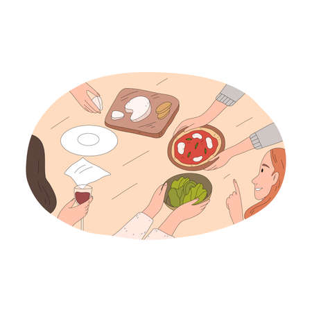 Hands of friends having festive dinner celebrating holiday togetherのイラスト素材