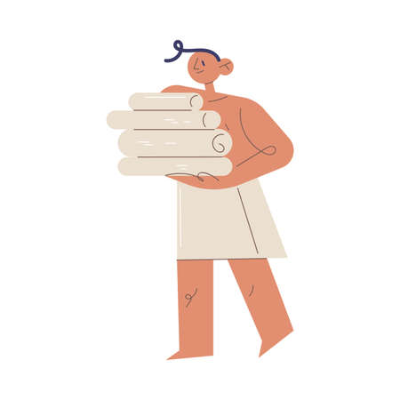 Smiling young man in towel carrying towels in saunaのイラスト素材