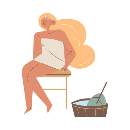 Happy young woman in towel sitting on stool enjoying saunaのイラスト素材