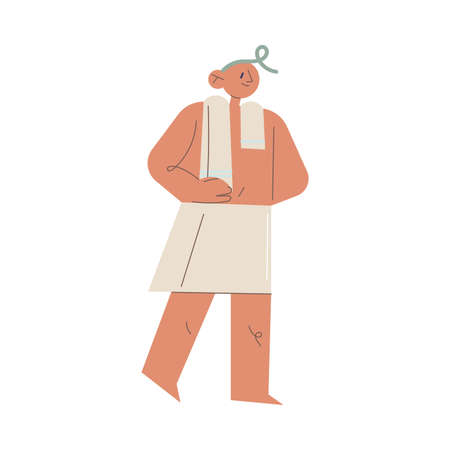 Smiling young man in towel standing and enjoying relaxation in saunaのイラスト素材
