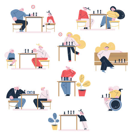 Set of old young healthy and disabled people enjoying playing chessのイラスト素材