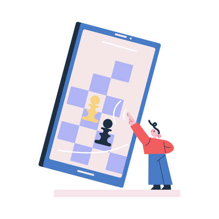 Young boy standing playing chess online on huge tabletのイラスト素材