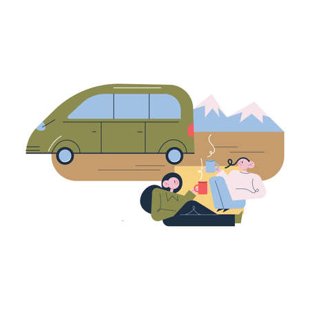 Happy young couple sitting and enjoying hot tea or coffee during traveling in mountainsのイラスト素材