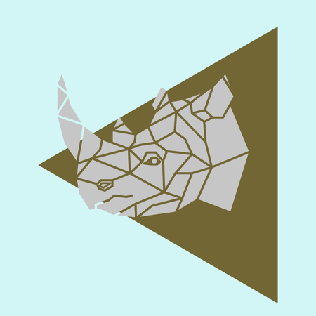 Rhino rhinoceros head geometric lines silhouette logo badge icon isolated on blue background.のイラスト素材